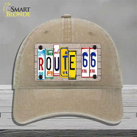 Route 66 License Plate Art Wood Novelty License Plate Hat Unconstructed Cotton / Khaki