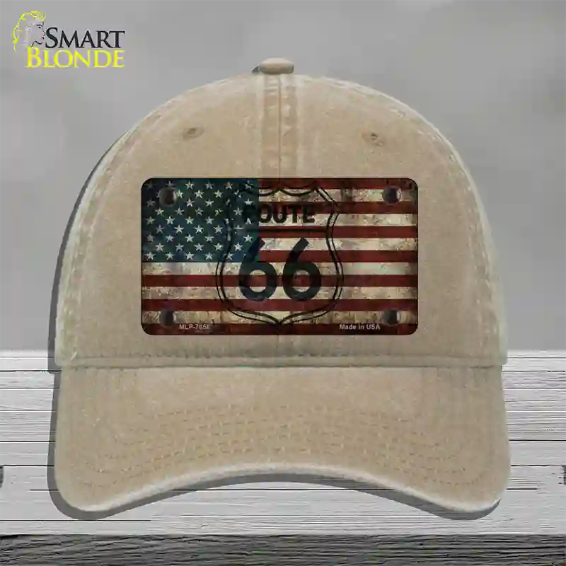 Route 66 American Flag Transparent Novelty License Plate Hat Unconstructed Cotton / Khaki