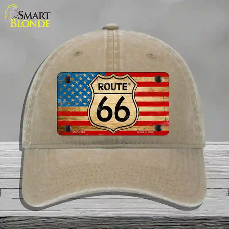 Route 66 American Flag Novelty License Plate Hat Unconstructed Cotton / Khaki