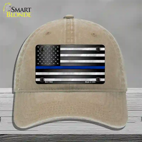 American Flag Thin Blue Line Novelty License Plate Hat Unconstructed Cotton / Khaki