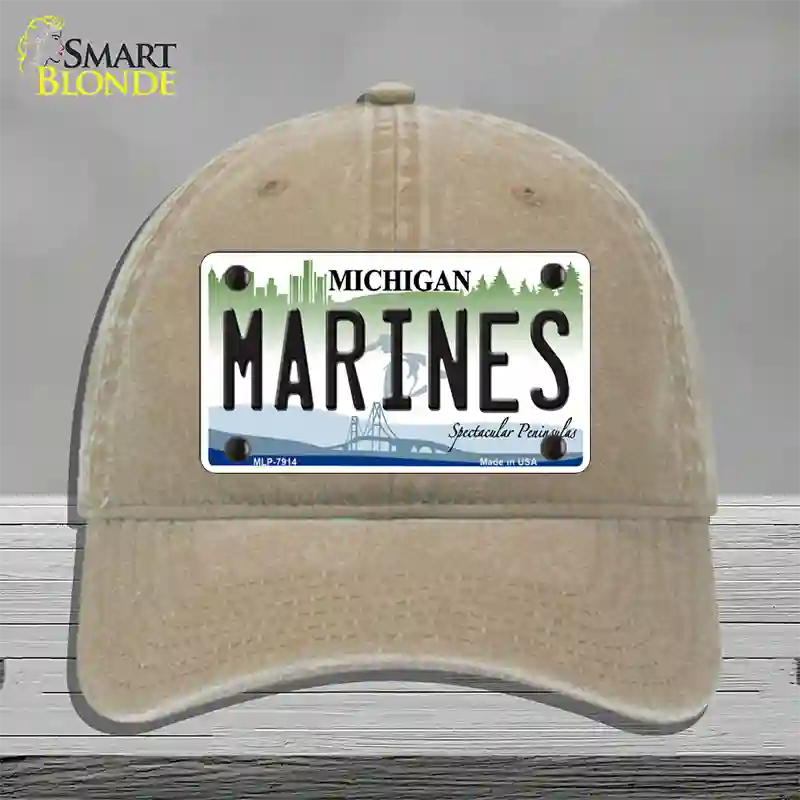 Marines Michigan Novelty License Plate Hat Unconstructed Cotton / Khaki