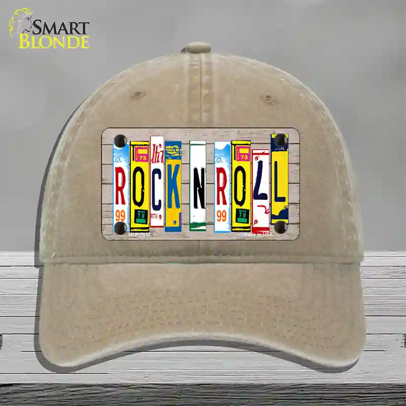 Rock N Roll Wood License Plate Art Novelty License Plate Hat Unconstructed Cotton / Khaki