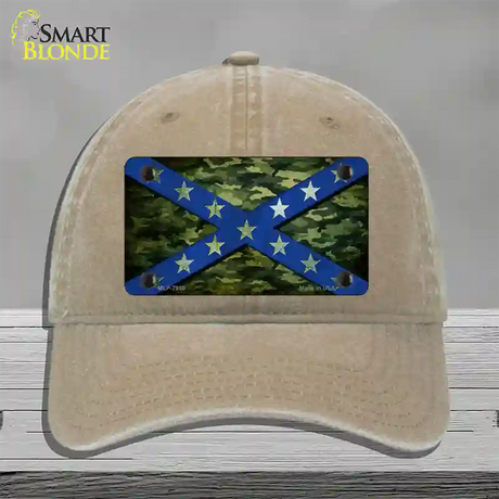 Confederate Stripes Blue Camo Novelty License Plate Hat Unconstructed Cotton / Khaki