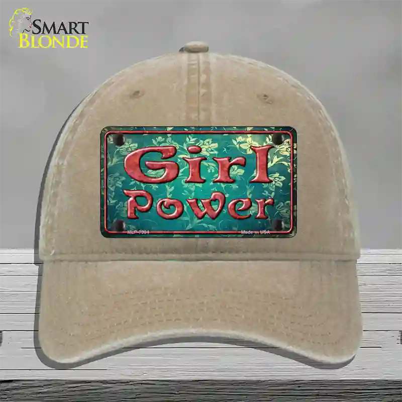 Girl Power Flower Novelty License Plate Hat Unconstructed Cotton / Khaki