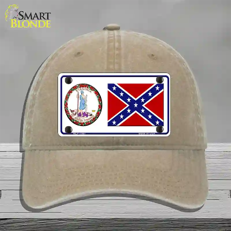 Confederate Flag Virginia Seal Novelty License Plate Hat Unconstructed Cotton / Khaki