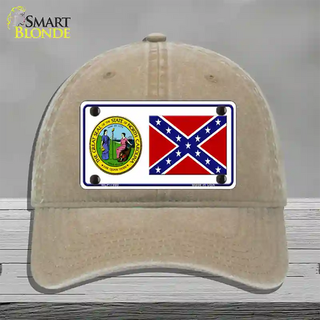 Confederate Flag North Carolina Seal Novelty License Plate Hat Unconstructed Cotton / Khaki