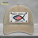 Proud American Christian Novelty License Plate Hat Unconstructed Cotton / Khaki