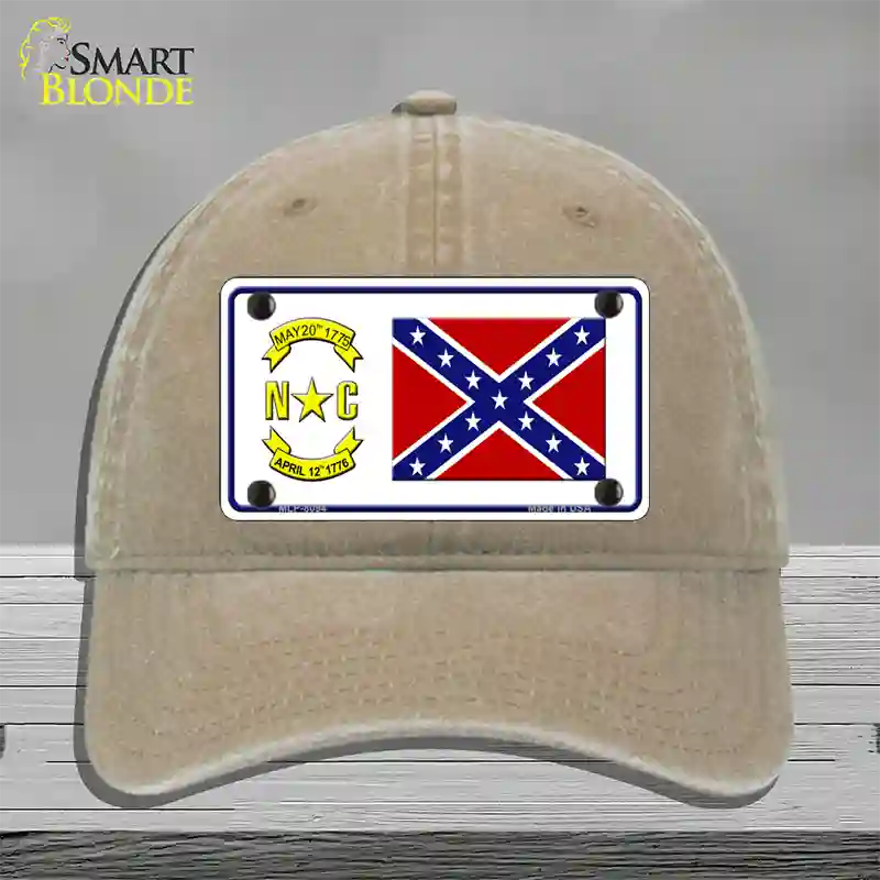 Confederate Flag North Carolina Novelty License Plate Hat Unconstructed Cotton / Khaki