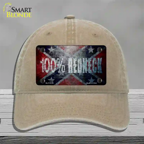 100% Redneck Confederate Novelty License Plate Hat Unconstructed Cotton / Khaki