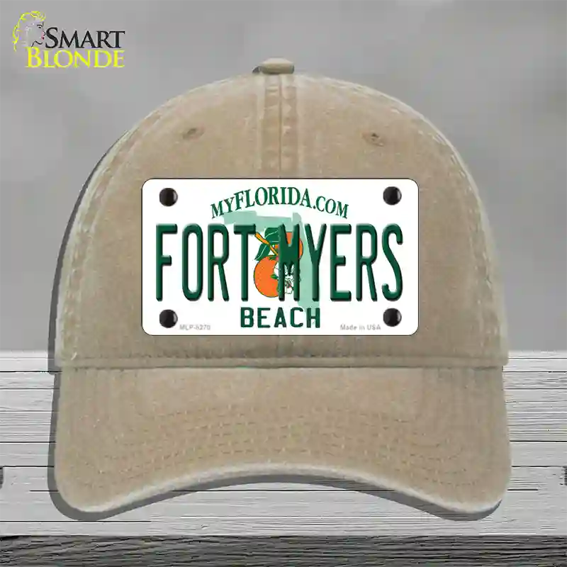 Fort Myers Beach Novelty License Plate Hat Unconstructed Cotton / Khaki