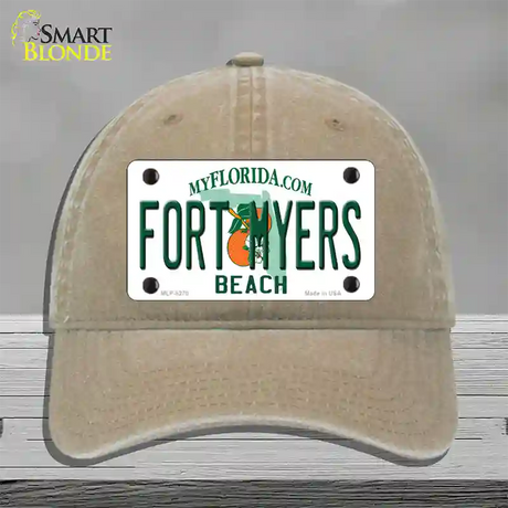 Fort Myers Beach Novelty License Plate Hat Unconstructed Cotton / Khaki