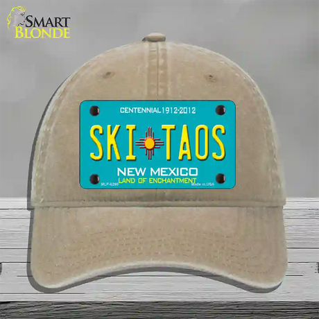 Ski Taos Teal New Mexico Novelty License Plate Hat Unconstructed Cotton / Khaki