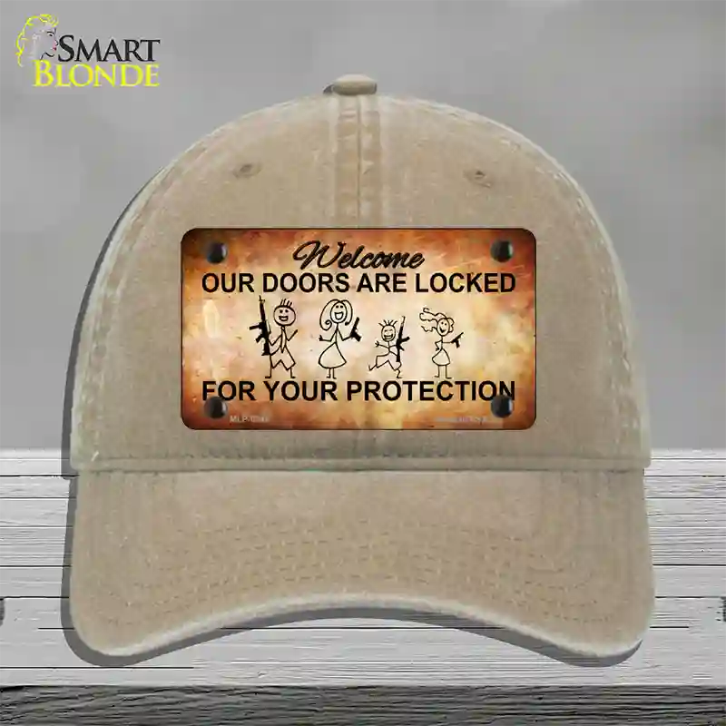 Doors Locked Your Protection Novelty License Plate Hat Unconstructed Cotton / Khaki