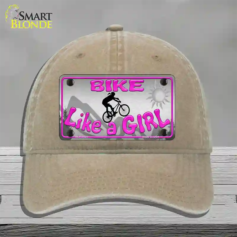 Bike Like A Girl Novelty License Plate Hat Unconstructed Cotton / Khaki