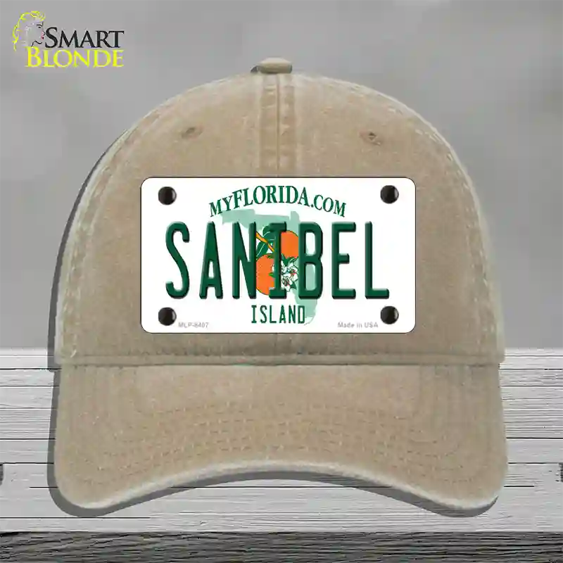 Sanibel Florida Novelty License Plate Hat Unconstructed Cotton / Khaki