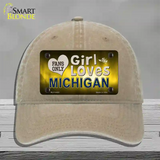 This Girl Loves Michigan Novelty License Plate Hat Unconstructed Cotton / Khaki