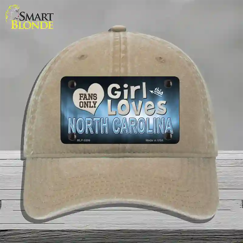 This Girl Loves North Carolina Novelty License Plate Hat Unconstructed Cotton / Khaki