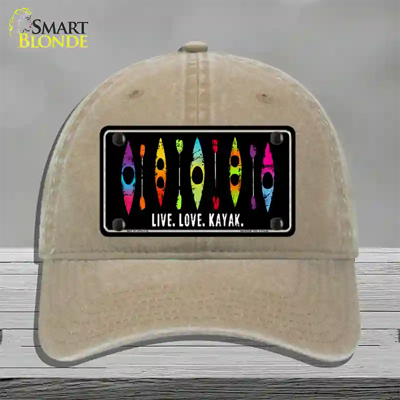 Live Love Kayak Novelty License Plate Hat Unconstructed Cotton / Khaki