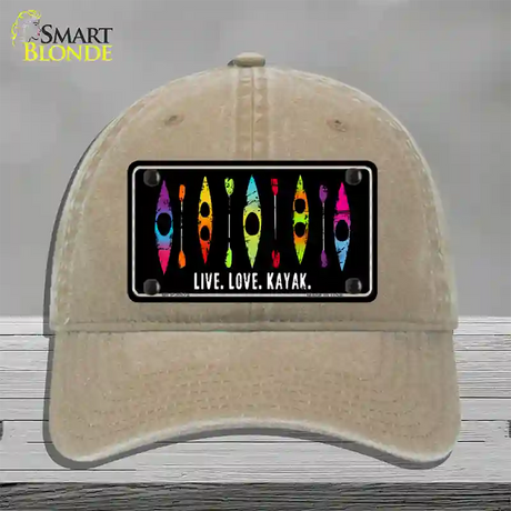 Live Love Kayak Novelty License Plate Hat Unconstructed Cotton / Khaki