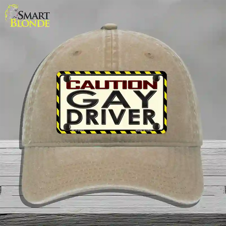 Caution Gay Driver Novelty License Plate Hat Unconstructed Cotton / Khaki