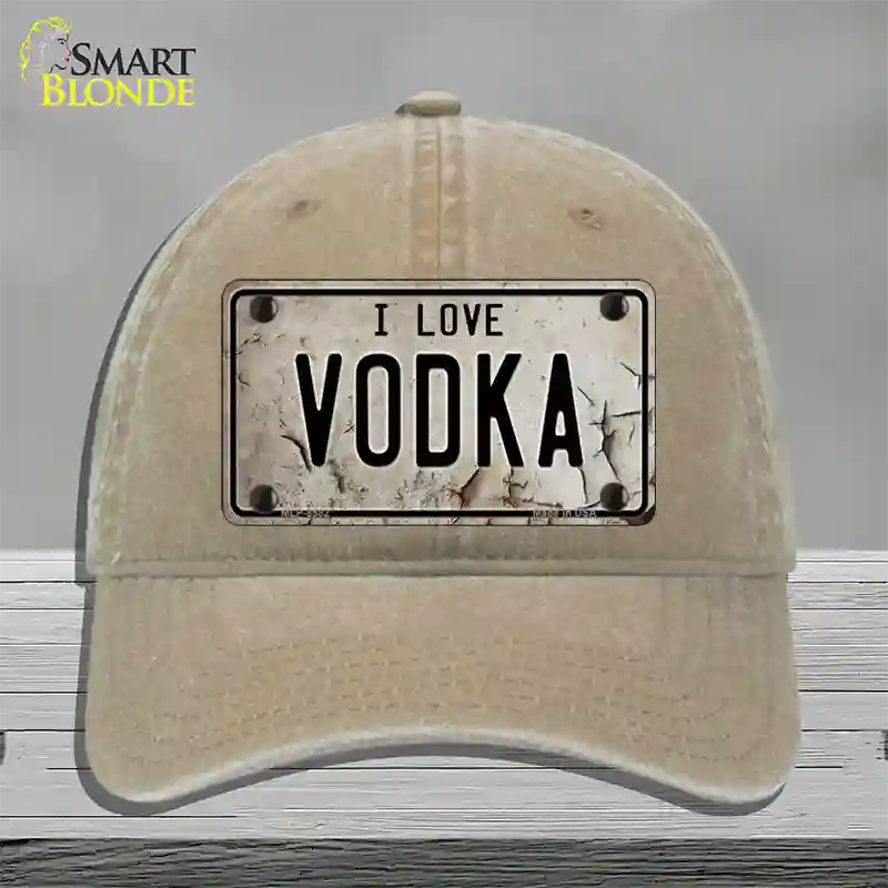 I Love Vodka Novelty License Plate Hat Unconstructed Cotton / Khaki