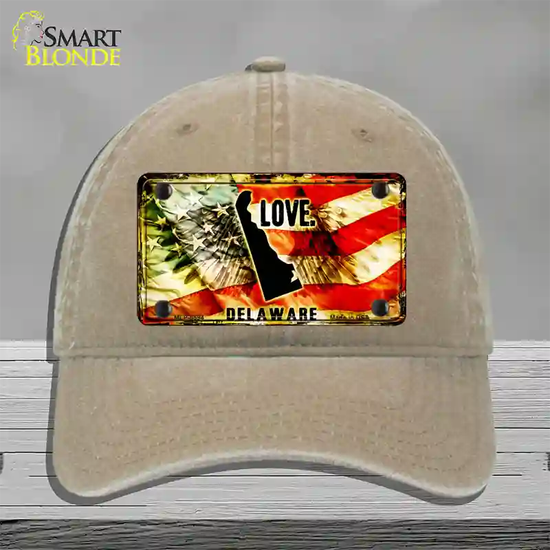 Delaware Love Novelty License Plate Hat Unconstructed Cotton / Khaki