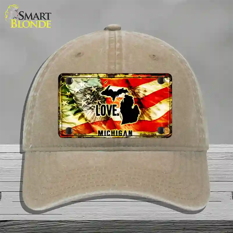 Michigan Love Novelty License Plate Hat Unconstructed Cotton / Khaki