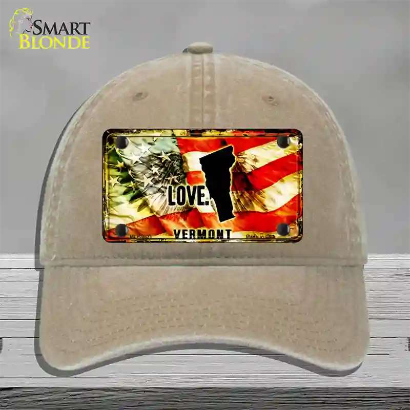 Vermont Love Novelty License Plate Hat Unconstructed Cotton / Khaki