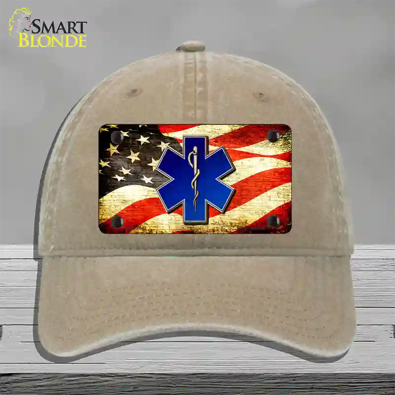 EMT Logo With USA Flag Novelty License Plate Hat Unconstructed Cotton / Khaki