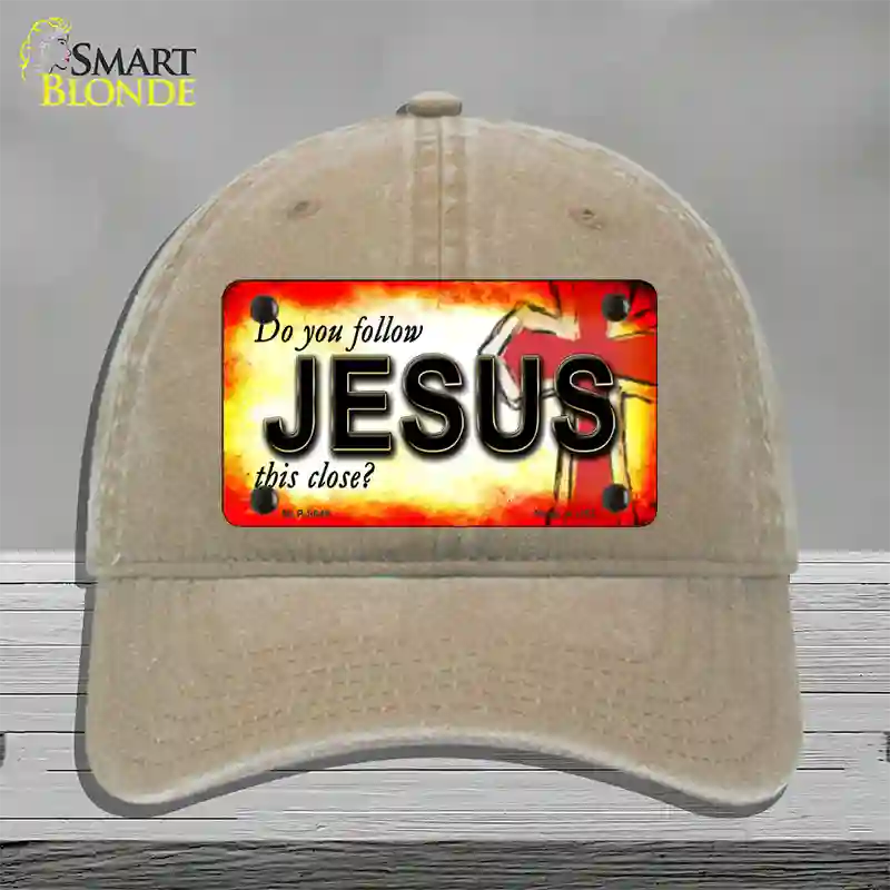 Follow Jesus This Close Novelty License Plate Hat Unconstructed Cotton / Khaki