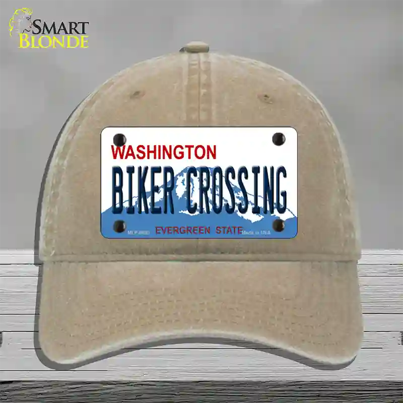 Biker Crossing Washington Novelty License Plate Hat Unconstructed Cotton / Khaki