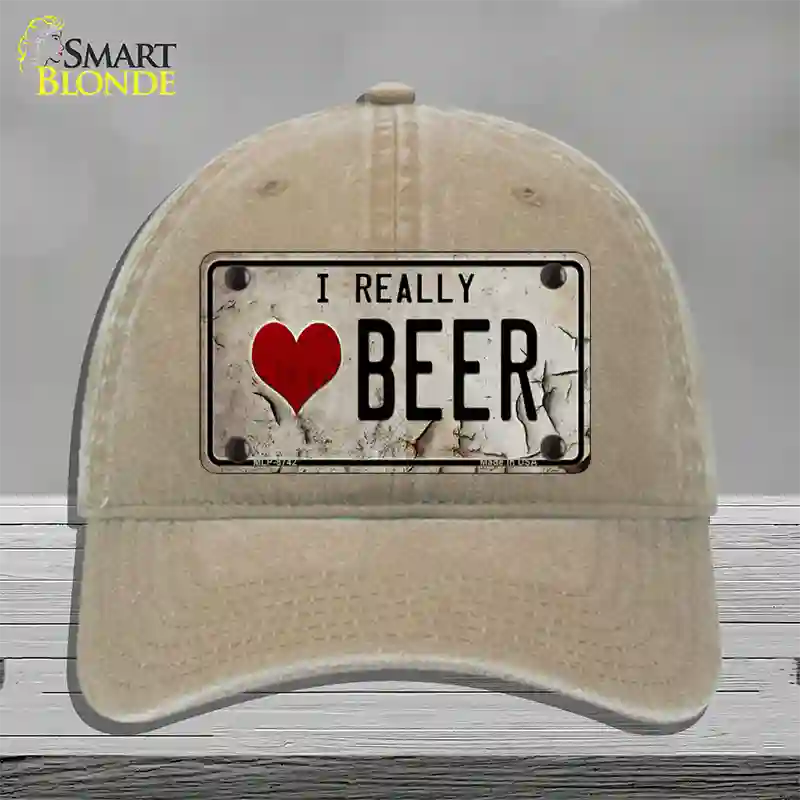 I Love Beer Novelty License Plate Hat Unconstructed Cotton / Khaki