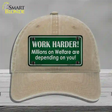 Work Harder Novelty License Plate Hat Unconstructed Cotton / Khaki