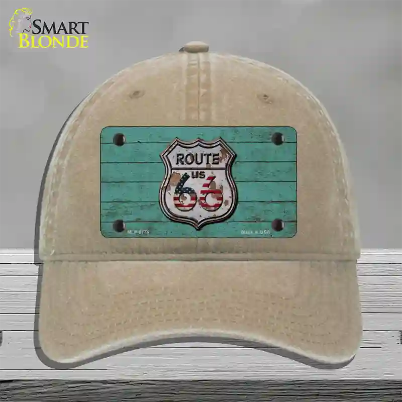 Route 66 Rusty On Wood Novelty License Plate Hat Unconstructed Cotton / Khaki