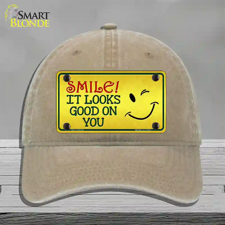 Smile Looks Good Novelty License Plate Hat Unconstructed Cotton / Khaki