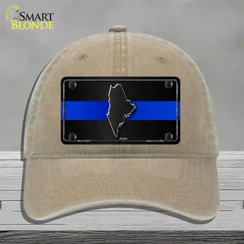 Maine Thin Blue Line Novelty License Plate Hat Unconstructed Cotton / Khaki