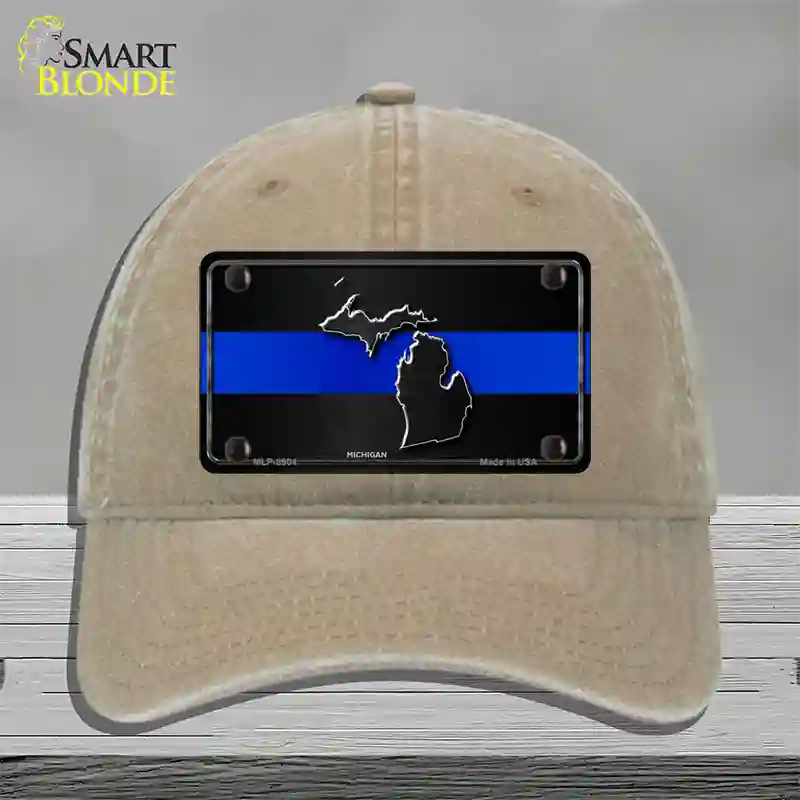 Michigan Thin Blue Line Novelty License Plate Hat Unconstructed Cotton / Khaki