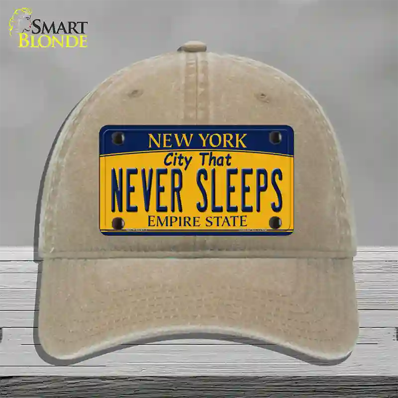 Never Sleeps New York Novelty License Plate Hat Unconstructed Cotton / Khaki