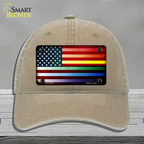 American Flag Rainbow Novelty License Plate Hat Unconstructed Cotton / Khaki