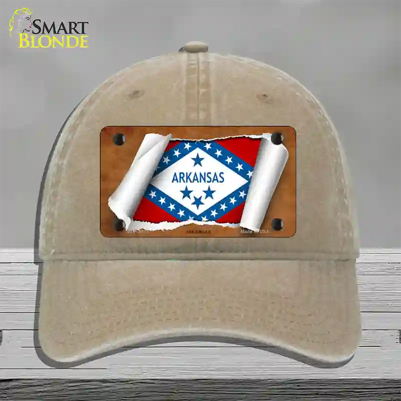 Arkansas Flag Scroll Novelty License Plate Hat Unconstructed Cotton / Khaki