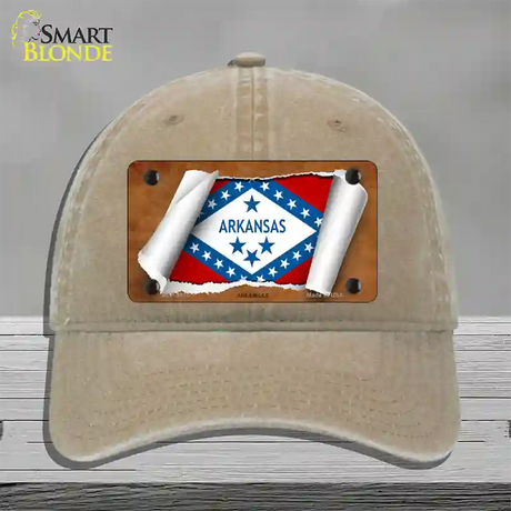 Arkansas Flag Scroll Novelty License Plate Hat Unconstructed Cotton / Khaki