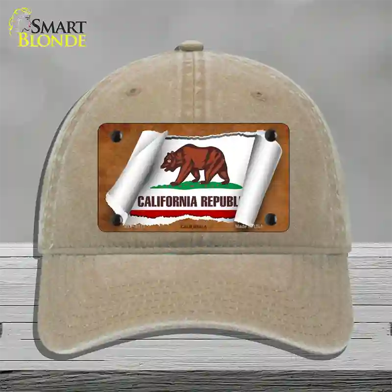 California Flag Scroll Novelty License Plate Hat Unconstructed Cotton / Khaki