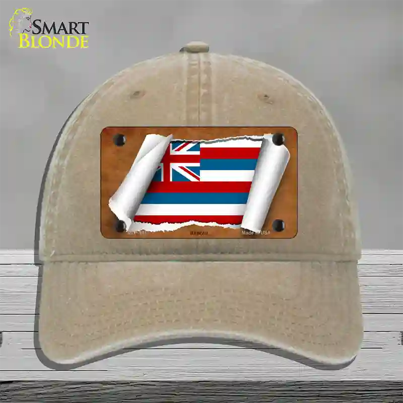 Hawaii Flag Scroll Novelty License Plate Hat Unconstructed Cotton / Khaki