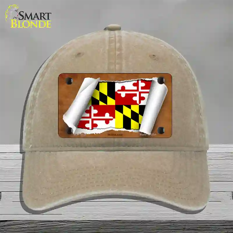 Maryland Flag Scroll Novelty License Plate Hat Unconstructed Cotton / Khaki