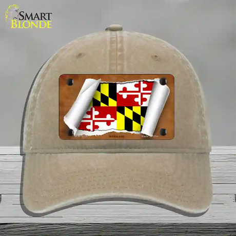 Maryland Flag Scroll Novelty License Plate Hat Unconstructed Cotton / Khaki