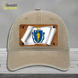 Massachusetts Flag Scroll Novelty License Plate Hat Unconstructed Cotton / Khaki