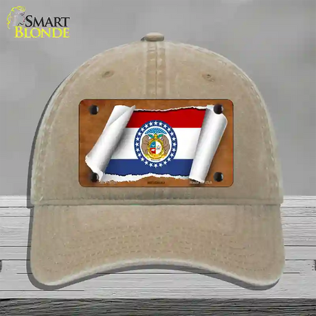 Missouri Flag Scroll Novelty License Plate Hat Unconstructed Cotton / Khaki