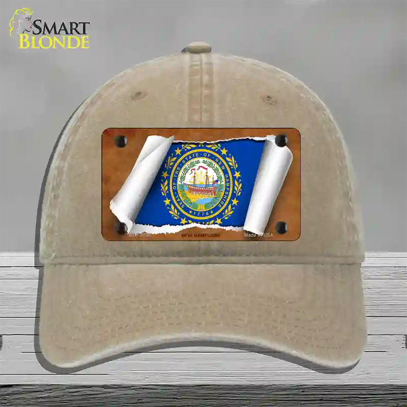 New Hampshire Flag Scroll Novelty License Plate Hat Unconstructed Cotton / Khaki