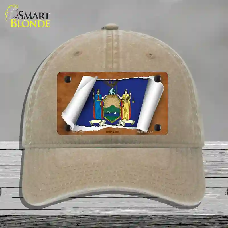 New York Flag Scroll Novelty License Plate Hat Unconstructed Cotton / Khaki