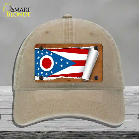 Ohio Flag Scroll Novelty License Plate Hat Unconstructed Cotton / Khaki